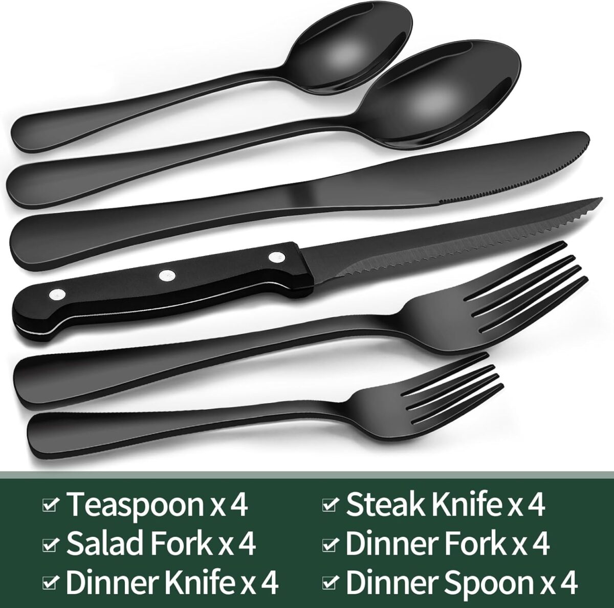 EWFEN 24-Piece Black Silverware Set with Steak Knives - Image 2