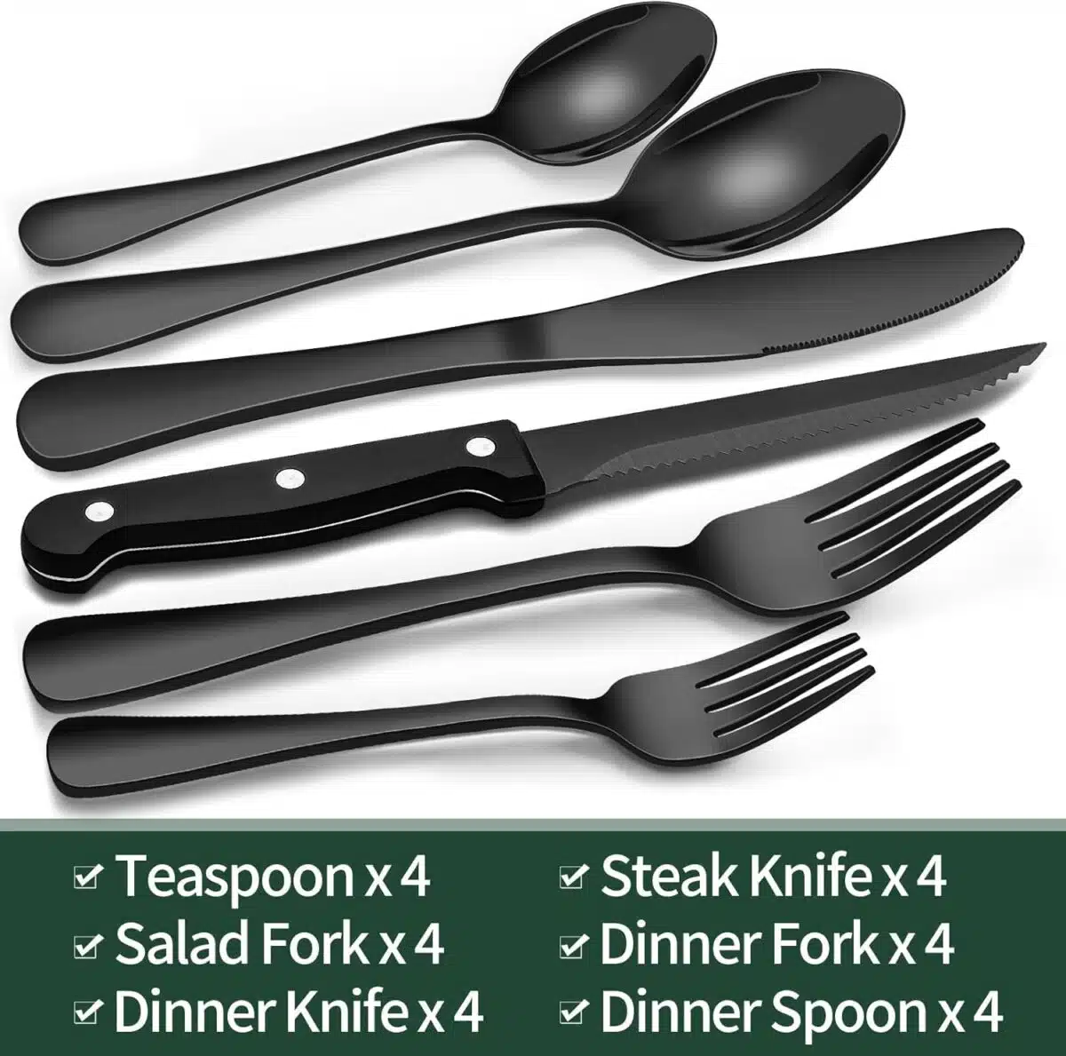 EWFEN 24-Piece Black Silverware Set with Steak Knives - Image 2