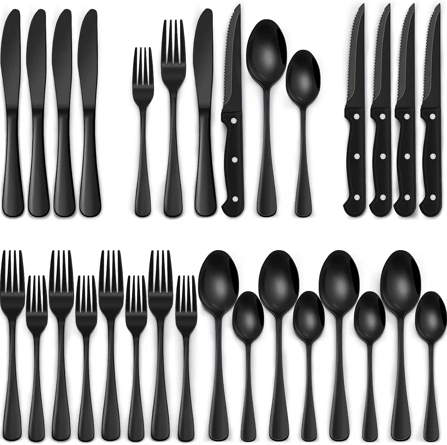 71vZ7TGZW1L._AC_SL1500_ EWFEN 24-Piece Black Silverware Set with Steak Knives - Image 1